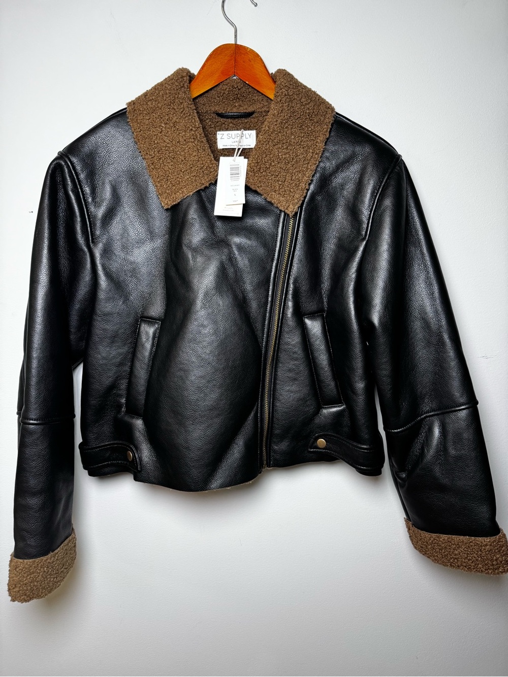 Z Supply Chocolate Brown Faux Leather Cropped Bomber Sherpa Jacket Large NWT